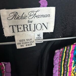 Teri Jon Black Silk Dress with Purple, Teal, Pink & Gold Trim